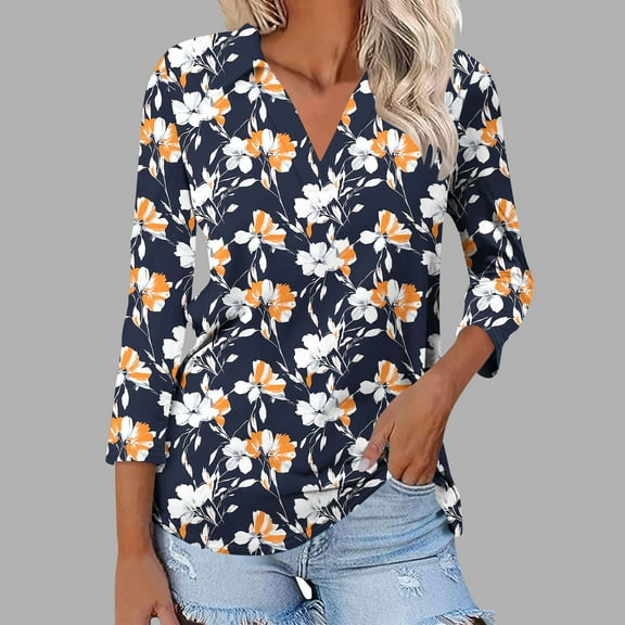 Viluyesy Women's 3/4 Sleeves T-Shirt Lapel Collar Shirt Tops Lapel Collar Loose Blouse Navy Size M