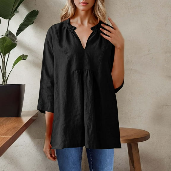 Viluyesy Women's 3/4 Sleeves T-Shirt V-Neck Shirt Tops Fashionable Cotton Loose Blouse Black Size 2XL