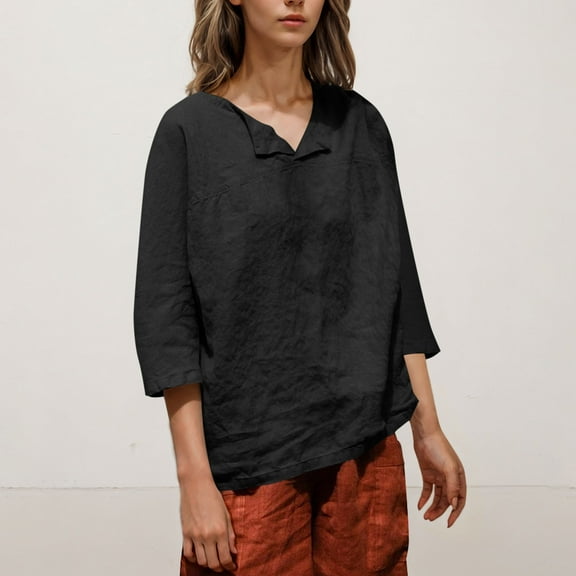 Viluyesy Women's 3/4 Sleeves T-Shirt V-Neck Shirt Tops Fashionable Cotton Loose Blouse Black Size S