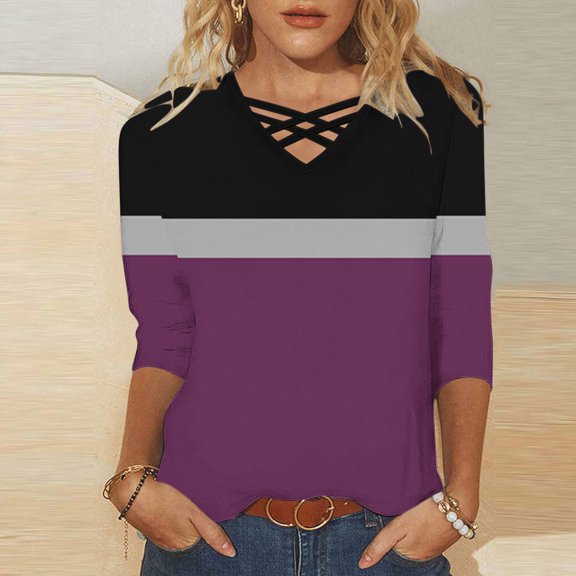 Viluyesy Women's 3/4 Sleeves T-Shirt V-Neck Shirt Tops Fashionable Loose Blouse Purple Size S