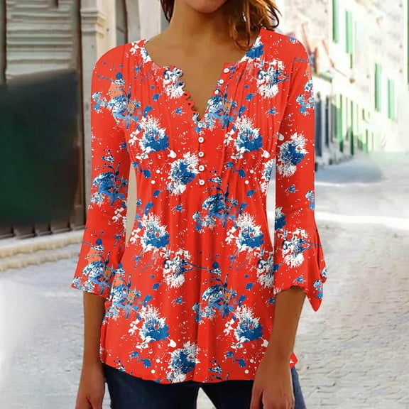 Viluyesy Women's 3/4 Sleeves T-Shirt V-Neck Shirt Tops Fold Button Loose Blouse Multicolor Size 2XL
