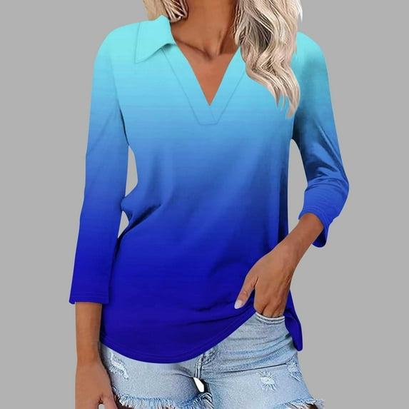 Viluyesy Women's 3/4 Sleeves T-Shirt V-Neck Shirt Tops Lapel Collar Loose Blouse Blue Size M