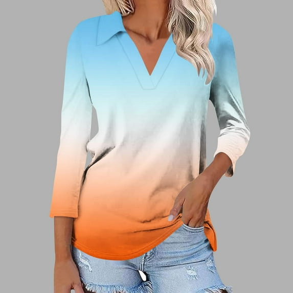Viluyesy Women's 3/4 Sleeves T-Shirt V-Neck Shirt Tops Lapel Collar Loose Blouse Orange Size 2XL