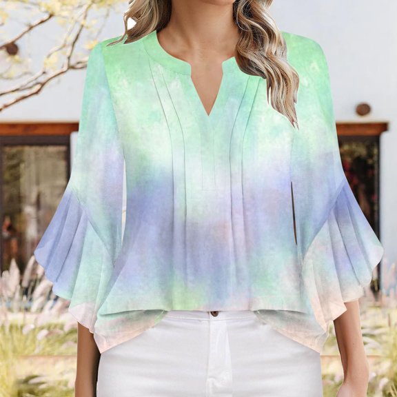 Viluyesy Women's 3/4 Sleeves T-Shirt V-Neck Shirt Tops Loose Blouse Green Size 2XL