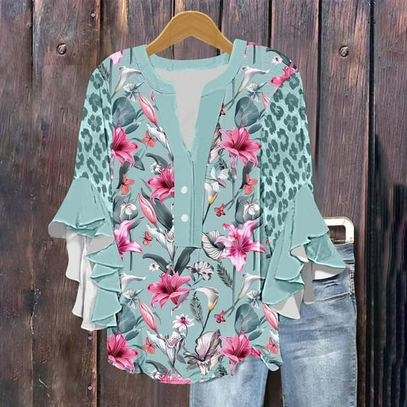 Viluyesy Women's 3/4 Sleeves T-Shirt V-Neck Shirt Tops New Relaxed Button Loose Blouse Multicolor Size 2XL