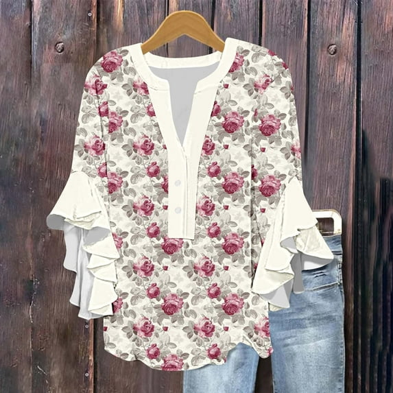 Viluyesy Women's 3/4 Sleeves T-Shirt V-Neck Shirt Tops New Relaxed Button Loose Blouse Multicolor Size L