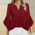 thumbnail image 1 of Viluyesy Women's 3/4 Sleeves T-Shirt V-Neck Shirt Tops Petal Loose Blouse Wine Size M, 1 of 4