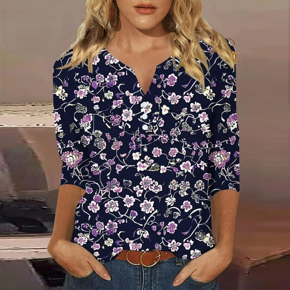 Viluyesy Women's 3/4 Sleeves T-Shirt V-Neck Shirt Tops Relaxed Button Loose Blouse Purple Size XL