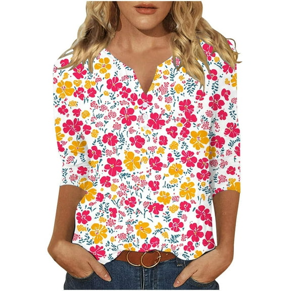 Viluyesy Women's 3/4 Sleeves T-Shirt V-Neck Shirt Tops Relaxed Button Loose Blouse Red Size M