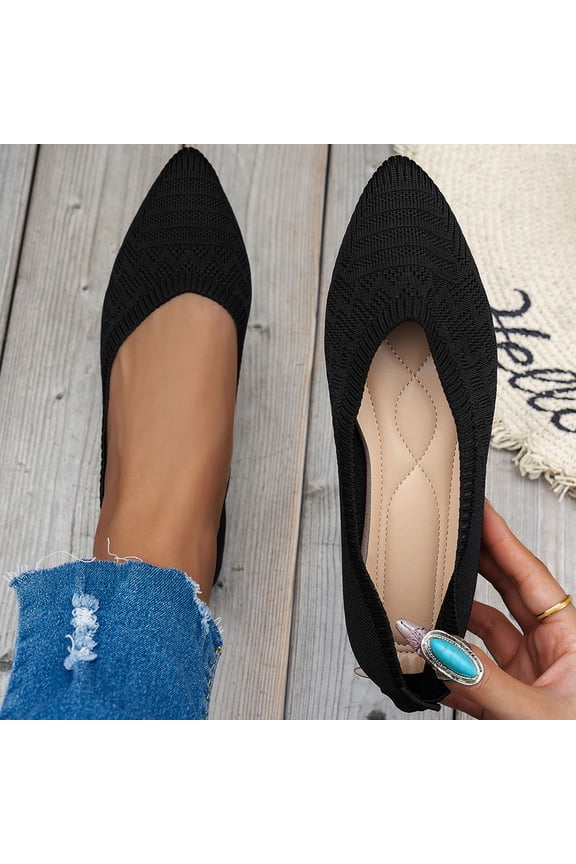 Women's Ballet Flats, Pointed Toe Wide Width Knit Breathable Comfortable Shallow Casual Dressy Office Shoes Black 9.5