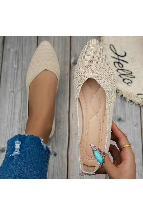 Women's Ballet Flats, Wide Width Pointed Toe Knit Breathable Comfortable Shallow Casual Dressy Office Shoes Beige 8.5