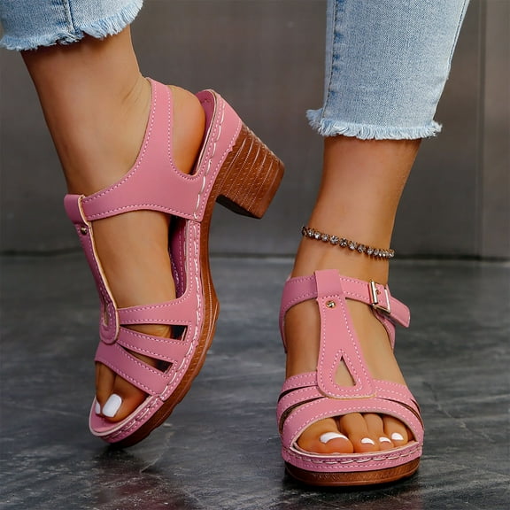 Viluyesy Women's Block Heeled Sandals, Adjustable Buckle Open Toe Soft Comfortable New Style Fashion Casual Shoes Pink