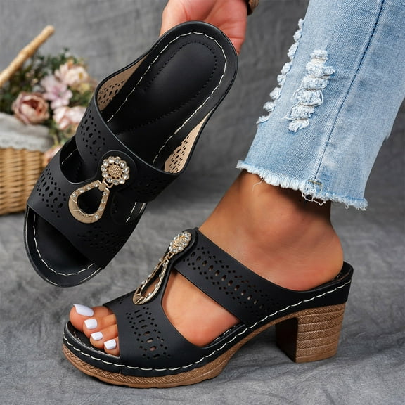 Viluyesy Women's Block Heeled Sandals, Rhinestone Hollow Up Open Toe Spring Summer Comfortable Slip-On Trendy Dress Shoes Black