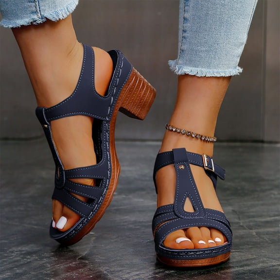 Viluyesy Women's Block Heeled Sandals, Soft Comfortable Adjustable Buckle Open Toe New Style Fashion Casual Shoes Blue