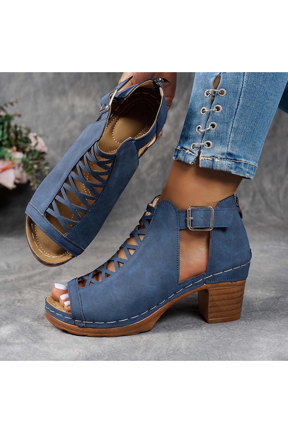 Women's Block Heeled Sandals, Soft Sole Adjustable Buckle Open Toe New Style Casual Dress Shoes Blue