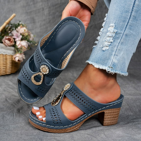 Viluyesy Women's Block Heeled Sandals, Spring Summer Open Toe Rhinestone Hollow Up Comfortable Slip-On Trendy Dress Shoes Blue