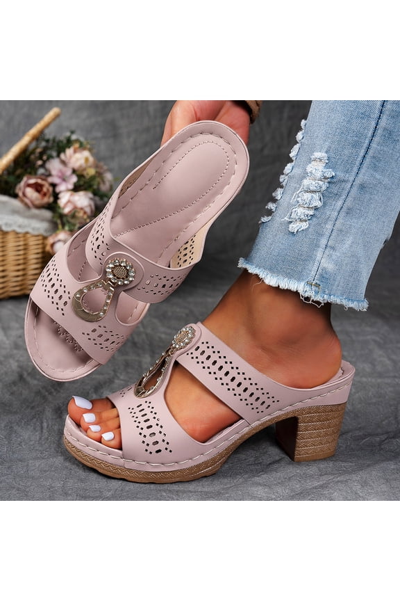 Women's Block Heeled Sandals, Spring Summer Open Toe Rhinestone Hollow Up Comfortable Slip-On Trendy Dress Shoes Pink