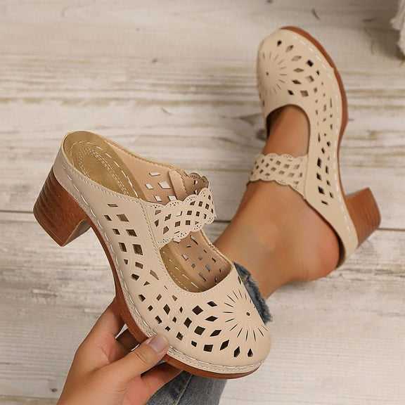 Viluyesy Women's Block Heels Sandals, Closed Open Slip-On Floral Hollow Out Fashion Casual Shoes Beige 6.5