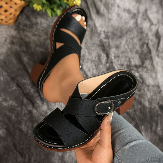 Viluyesy Women's Block Heels Sandals, Non-Slip Peep Toe Hollow-Out Ladies Summer Casual Platform Shoes Black