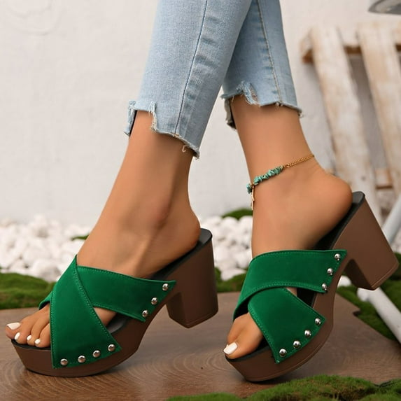 Viluyesy Women's Block Heels Sandals, Open Toe Slip-On Thick Sole 2025 New Style Platform Shoes Green 7.5