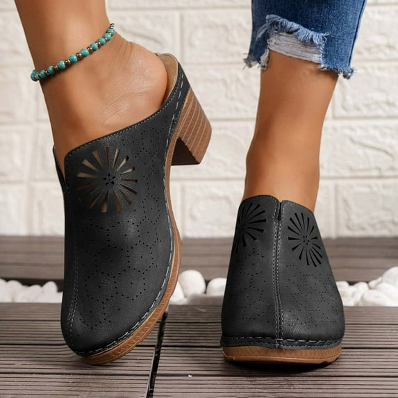 Viluyesy Women's Block Heels Sandals, Slip-On Hollow-Out Design Closed Toe Ladies Casual Fashion Wedge Shoes Black