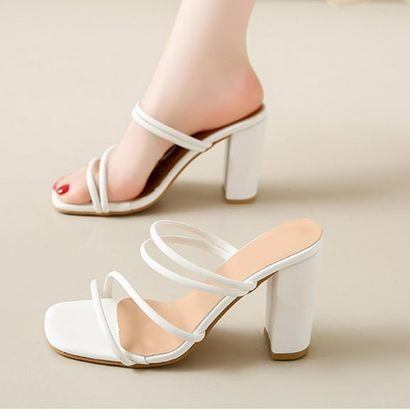 Viluyesy Women's Block Heels Sandals, Slip-On Square Toe High Heeled Summer Casual Dress Shoes White 6.5