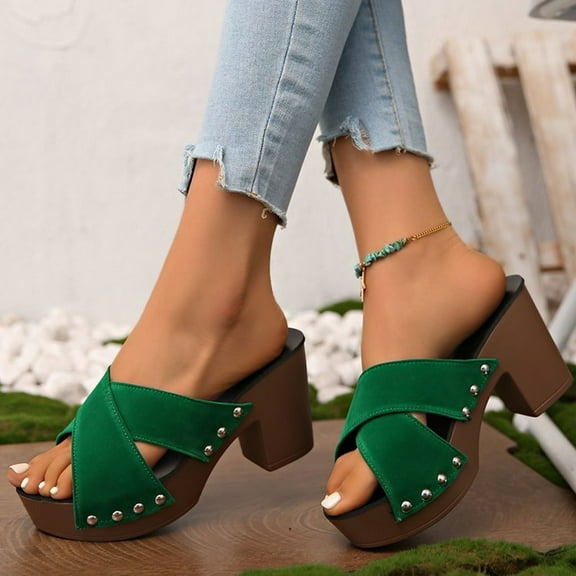 Viluyesy Women's Block Heels Sandals, Slip-On Thick Sole Open Toe 2025 New Style Platform Shoes Green 5.5