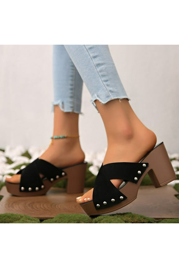 Women's Block Heels Sandals, Thick Sole Slip-On Open Toe 2025 New Style Platform Shoes Black 9