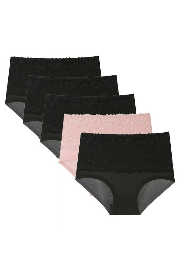 Women's Brief 5-Pack, Plus Size Tummy Control High Waist Breathable Shaping Panties Black M