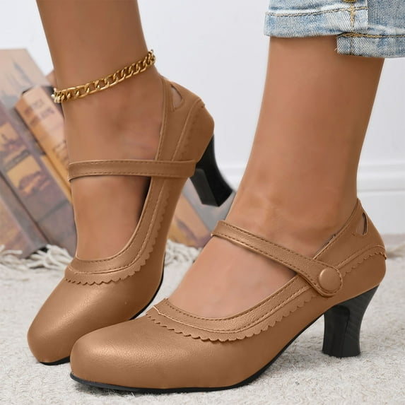 Viluyesy Women's Chunky Heeled Sandals, Closed Toe Solid Color Ankle Strap Ladies Ruffles Office Dress Shoes Khaki