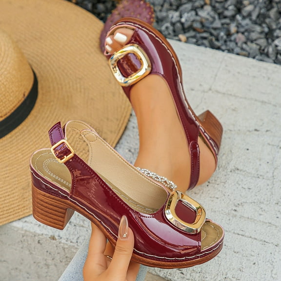 Viluyesy Women's Chunky Heeled Sandals, Peep Toe Slingback Adjustable Buckle Casual Fashion Dress Shoes Wine 8.5