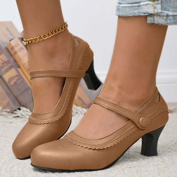 Viluyesy Women's Chunky Heeled Sandals, Solid Color Closed Toe Ankle Strap Ladies Ruffles Office Dress Shoes Khaki