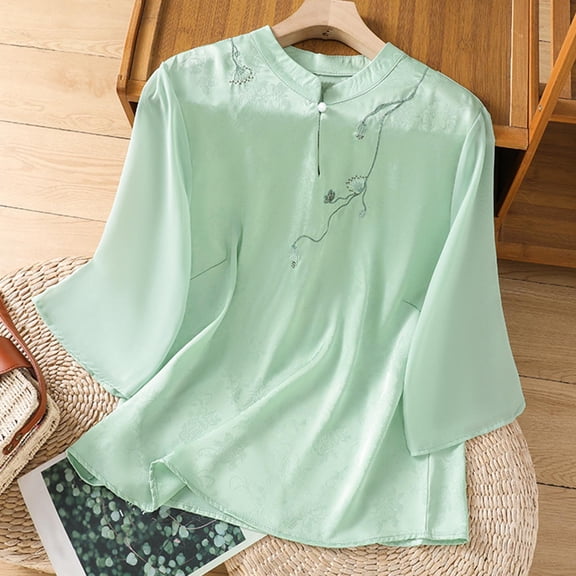 Viluyesy Women's Embroidery 3/4 Sleeves T-Shirt V-Neck Button Shirt Tops Cotton Stand-Up Collar Loose Blouse Green Size 2XL