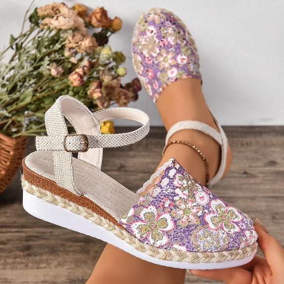Viluyesy Women's Espadrilles Sandals, Adjustable Strap Floral Lace Breathable Closed Toe Summer Comfort Fashion Wedge Shoes Purple 5.5