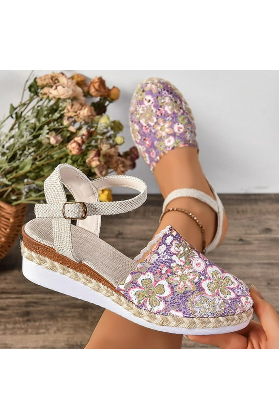 Women's Espadrilles Sandals, Adjustable Strap Floral Lace Breathable Closed Toe Summer Comfort Fashion Wedge Shoes Purple 9