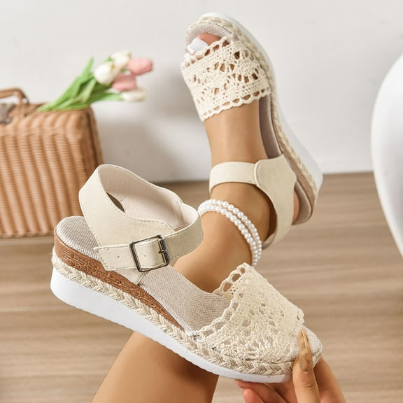 Viluyesy Women's Espadrilles Sandals, Ankle Strap Elegant Lace Peep Toe Summer Casual Dress Wedge Shoes Beige