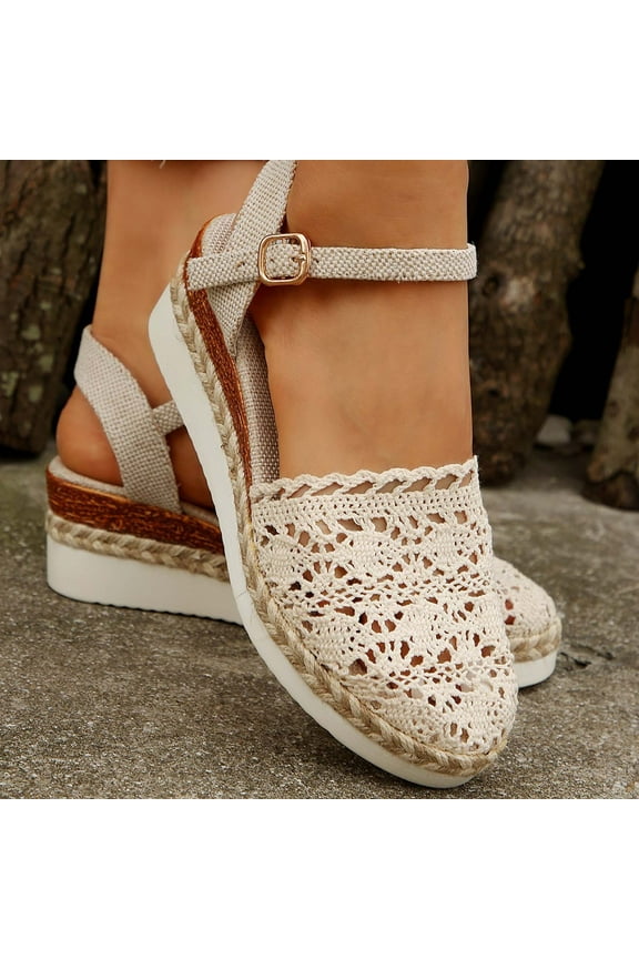 Women's Espadrilles Sandals, Flax Linen Sole Adjustable Strap Lace Round Toe Causal Fashion Breathable Wedge Shoes White