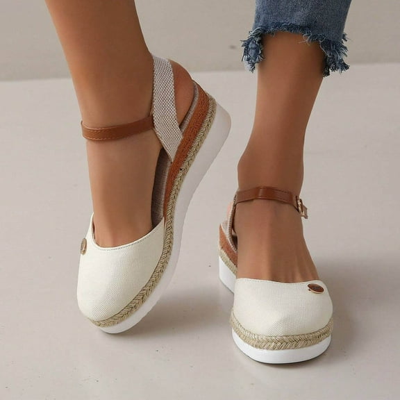 Viluyesy Women's Espadrilles Sandals, Hemp Rope Weave Sole Round Toe Adjustable Strap Lightweight Comfortable Platform Shoes Beige