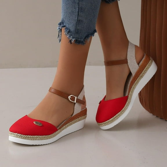 Viluyesy Women's Espadrilles Sandals, Hemp Rope Weave Sole Round Toe Adjustable Strap Lightweight Comfortable Platform Shoes Red