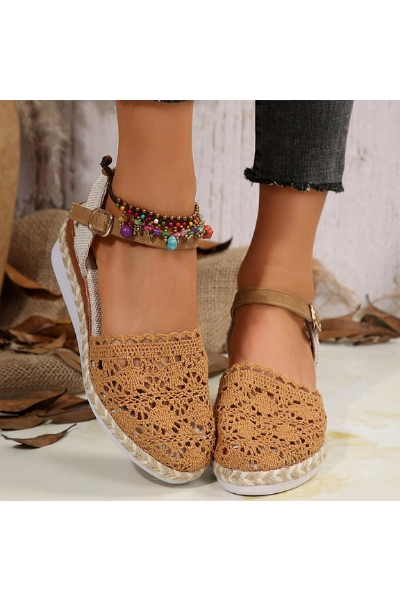 Women's Espadrilles Sandals, Lace Breathable Closed Toe Adjustable Strap Summer Causal Fashion Wedge Shoes Brown 7.5