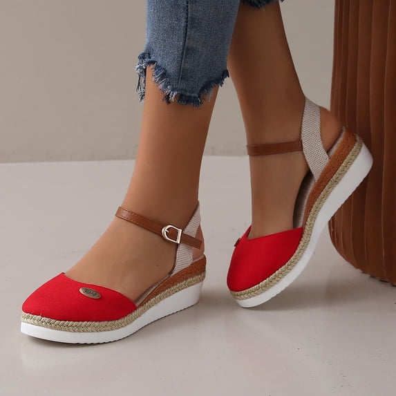 Viluyesy Women's Espadrilles Sandals, Round Toe Hemp Rope Weave Sole Adjustable Strap Lightweight Comfortable Platform Shoes Red