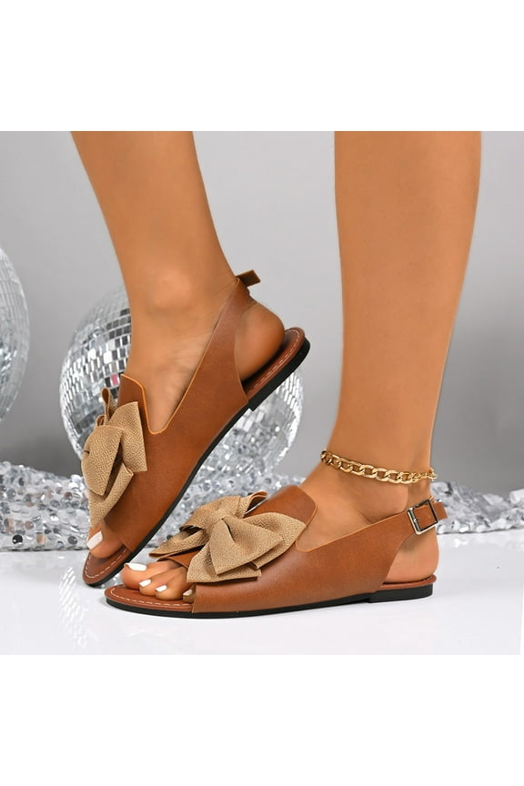 Women's Flat Sandals, Adjustable Buckle Cute Bow Open Toe Summer 2025 Slingback Shoes Brown 5.5
