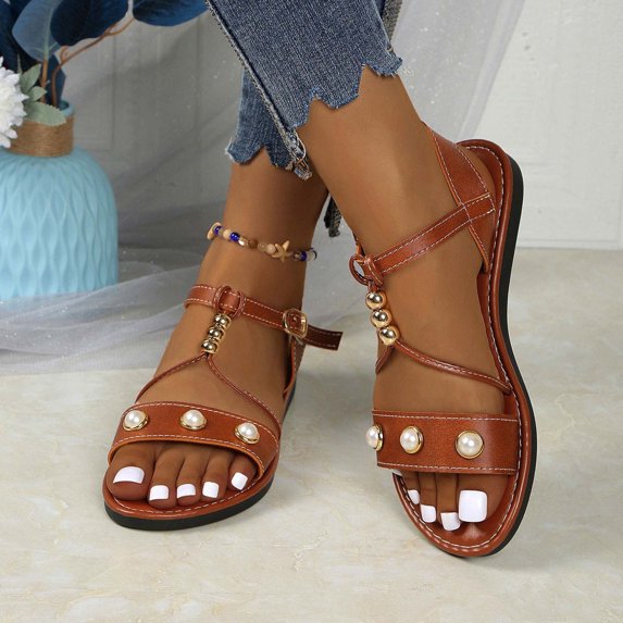 Viluyesy Women's Flat Sandals, Adjustable Strappy Pearl Decoration Peep Toe Retro Roman Gladiator Shoes Multicolor