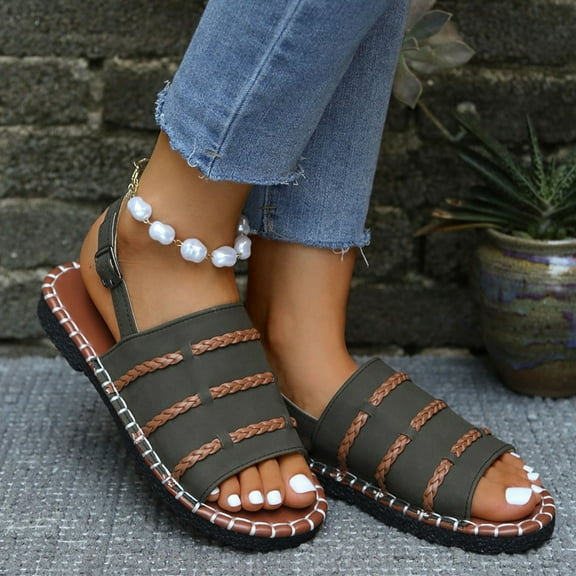 Viluyesy Women's Flat Sandals, Ankle Strap Peep Toe Slingback Casual New Style Woven Shoes Army Green 7