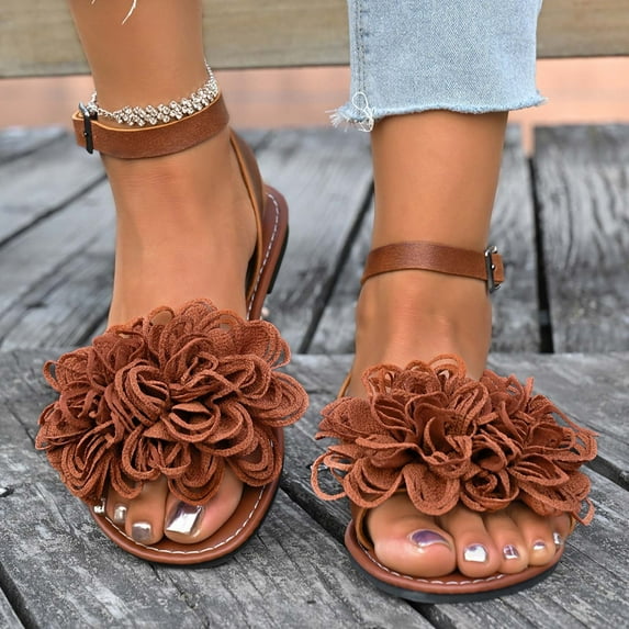 Viluyesy Women's Flat Sandals, Open Toe Ankle Strap Flower Decoration Summer Casual Fashion Comfortable Shoes Brown
