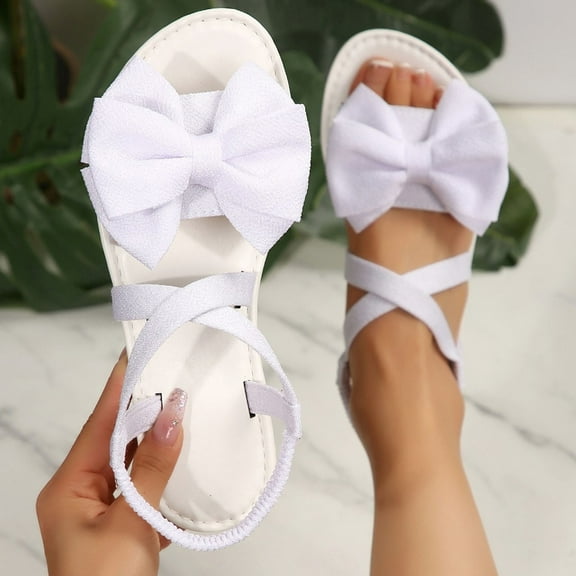 Viluyesy Women's Flat Sandals, Open Toe New Style Bowknot Elastic Ankle Strap Summer Casual Beach Vacation Shoes White