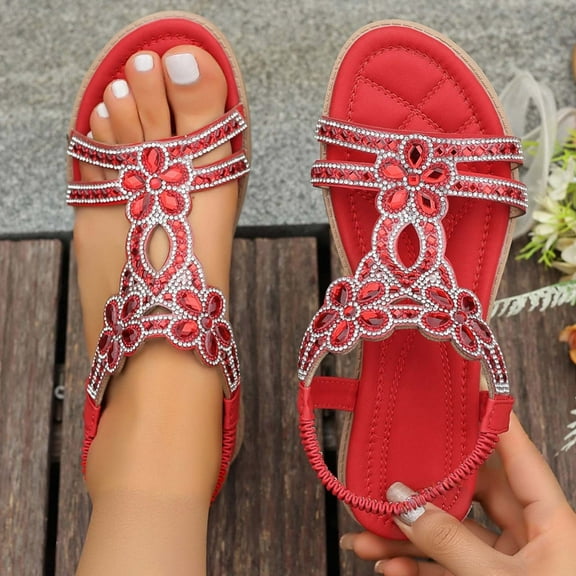 Viluyesy Women's Flat Sandals, Open Toe Shiny Rhinestone Ankle Elastic Strap Summer Casual Beach Gladiator Shoes Red