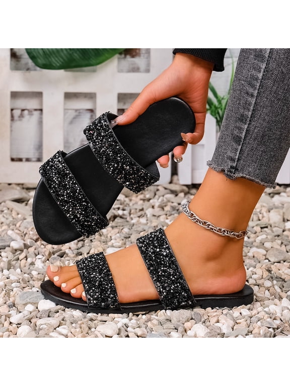 Women's Flat Sandals, Slip-On Open Toe Shiny Sequin Summer Fashion Casual Slides Slippers Black