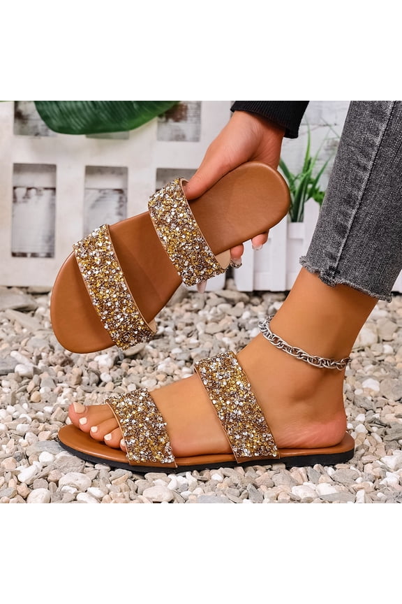 Women's Flat Sandals, Slip-On Open Toe Shiny Sequin Summer Fashion Casual Slides Slippers Gold