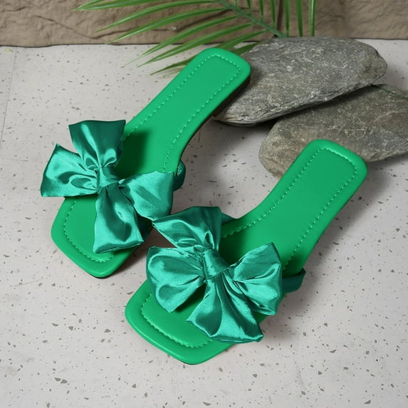 Viluyesy Women's Flat Sandals, Slip-On Square Open Toe Silk Bow Summer Fashion Casual Beach Slides Shoes Green